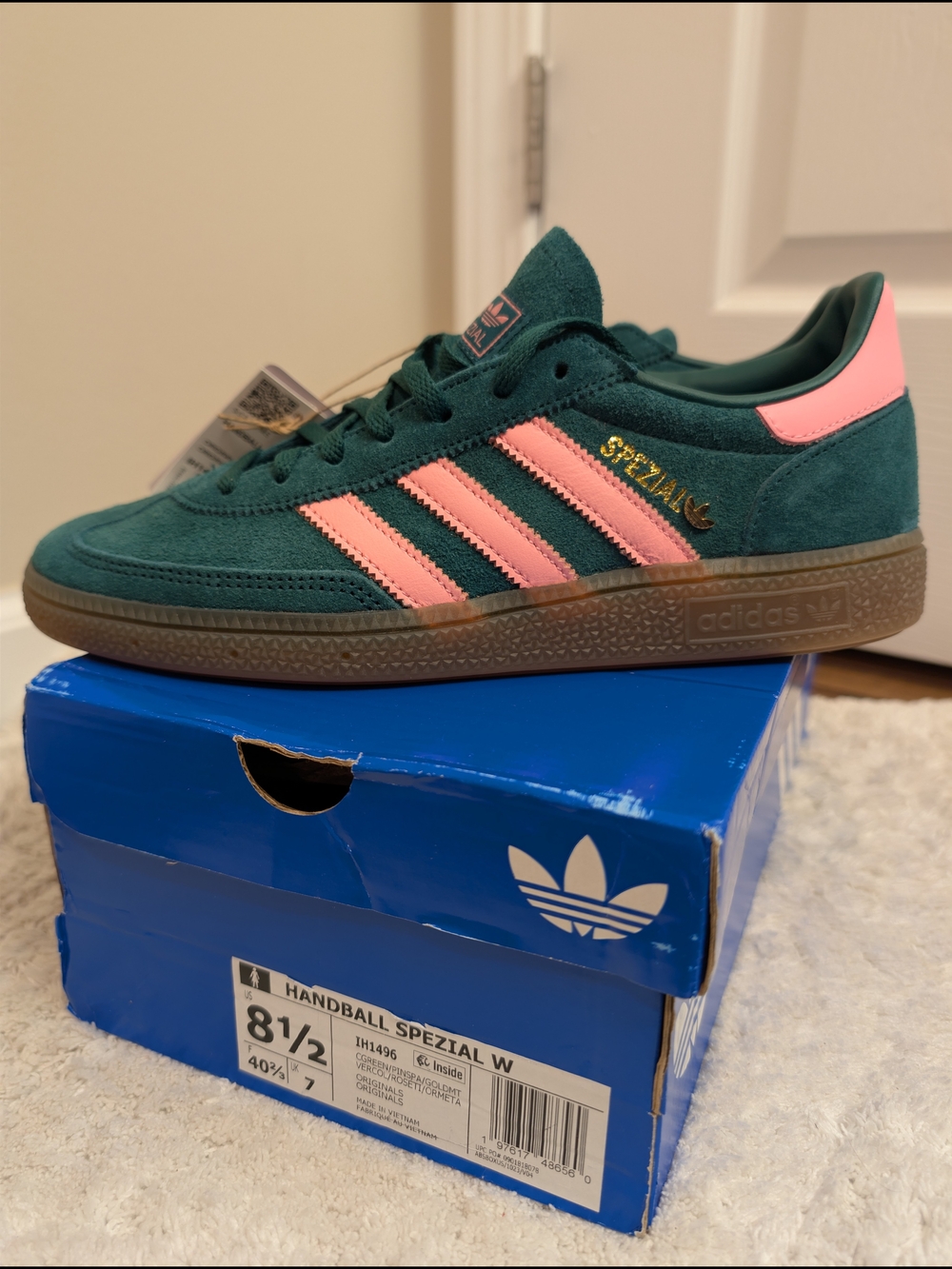 adidas Handball Spezial Suede Sneakers in Green with Pink Stripes